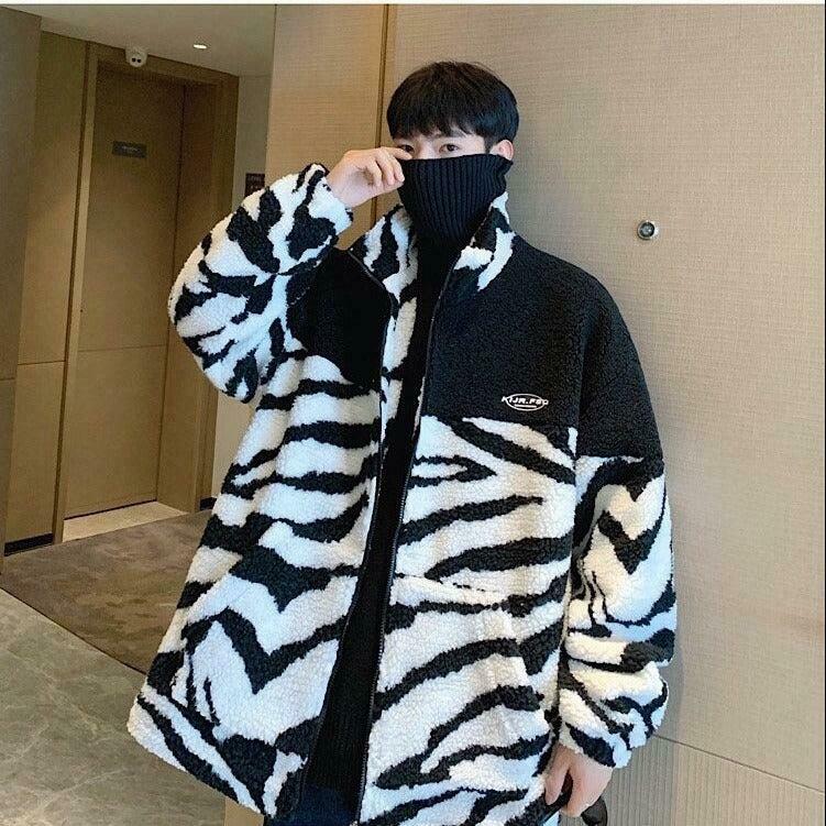 Zebra Print Zip-Up Jacket for Y2K Fashion: Trendy Cyber Style for Men and Tomboys